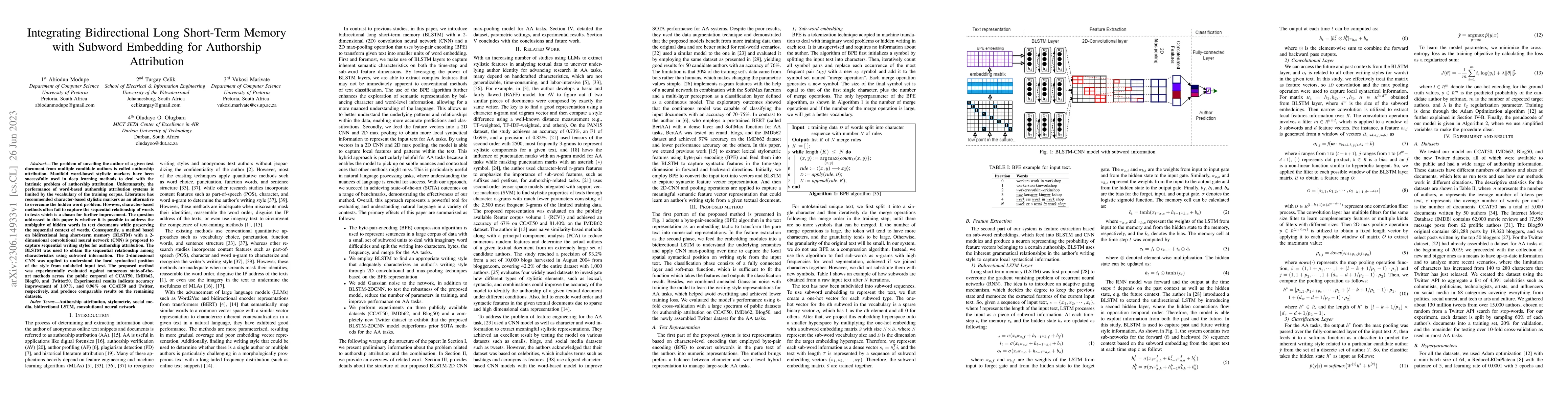 Thumbnail for Integrating Bidirectional Long Short-Term Memory with Subword Embedding
  for Authorship Attribution