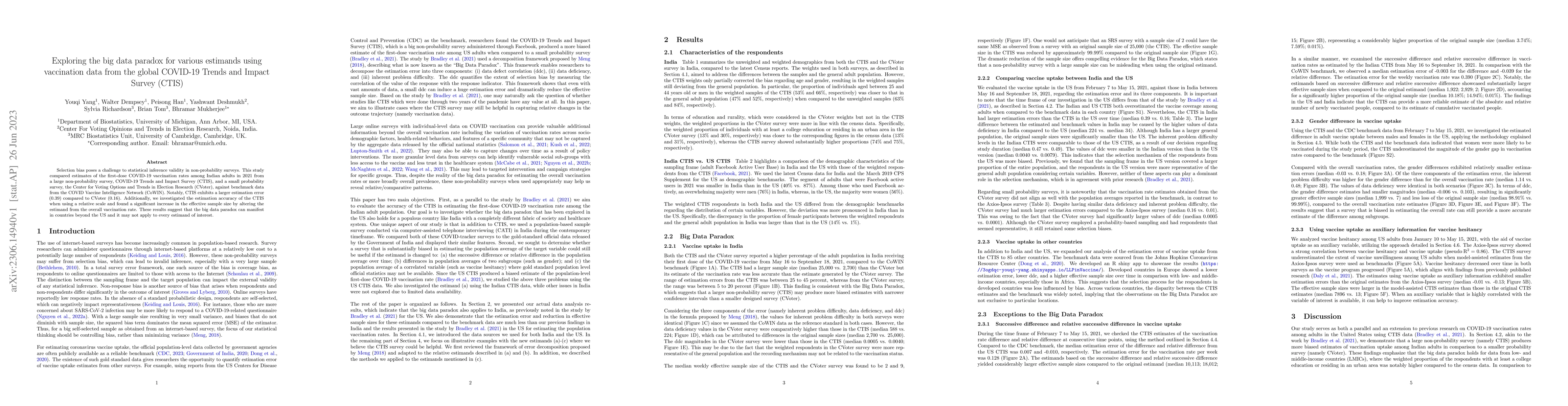 Thumbnail for Exploring the big data paradox for various estimands using vaccination
  data from the global COVID-19 Trends and Impact Survey (CTIS)