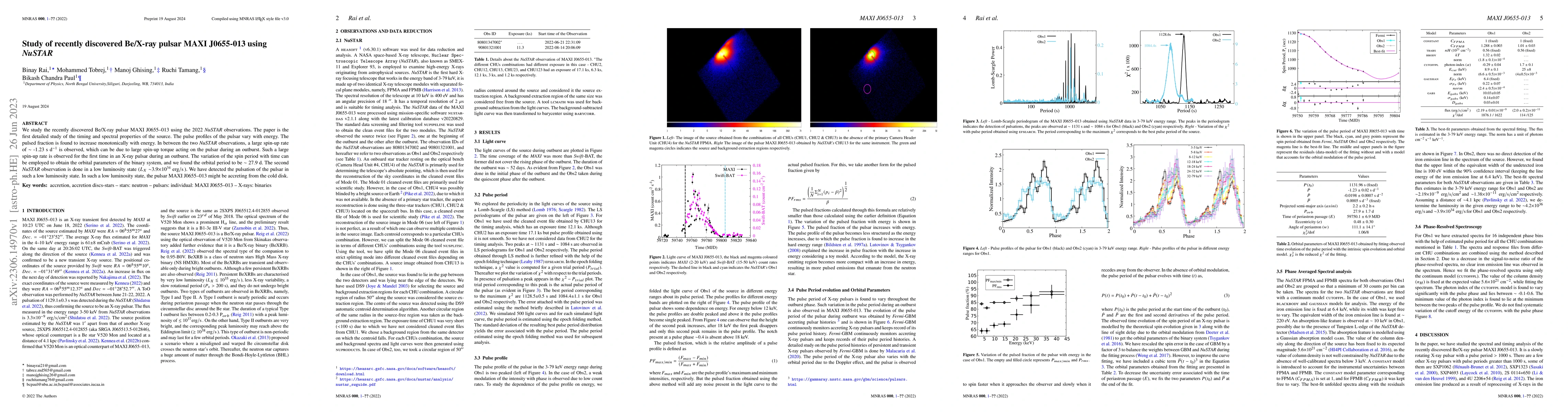 Thumbnail for Study of recently discovered Be/X-ray pulsar MAXI J0655-013 using NuSTAR