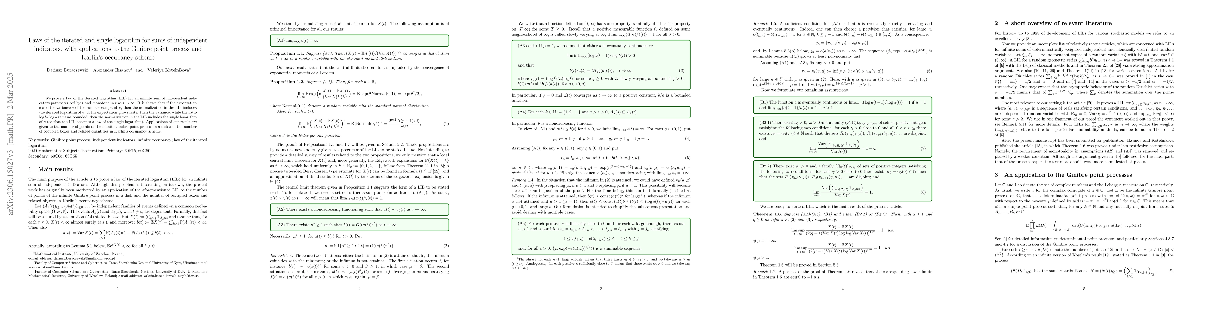 Thumbnail for Laws of the iterated and single logarithm for sums of independent
  indicators, with applications to the Ginibre point process and Karlin's
  occupancy scheme