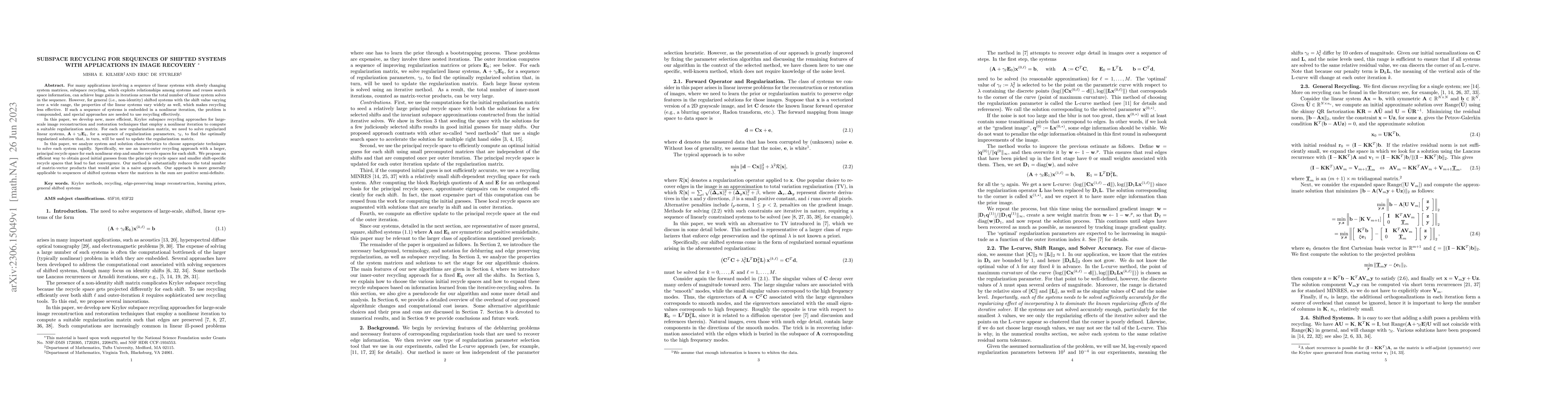 Thumbnail for Subspace Recycling for Sequences of Shifted Systems with Applications in
  Image Recovery