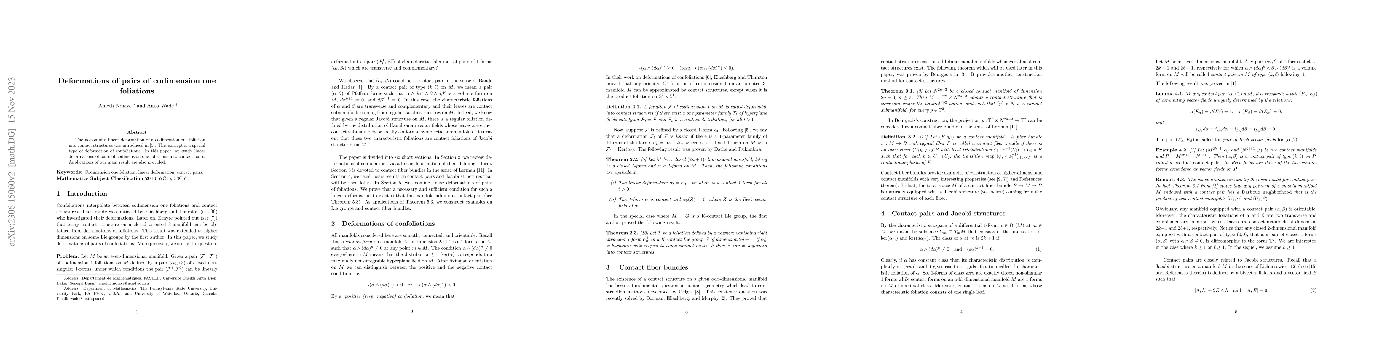 Thumbnail for Deformations of pairs of codimension one foliations