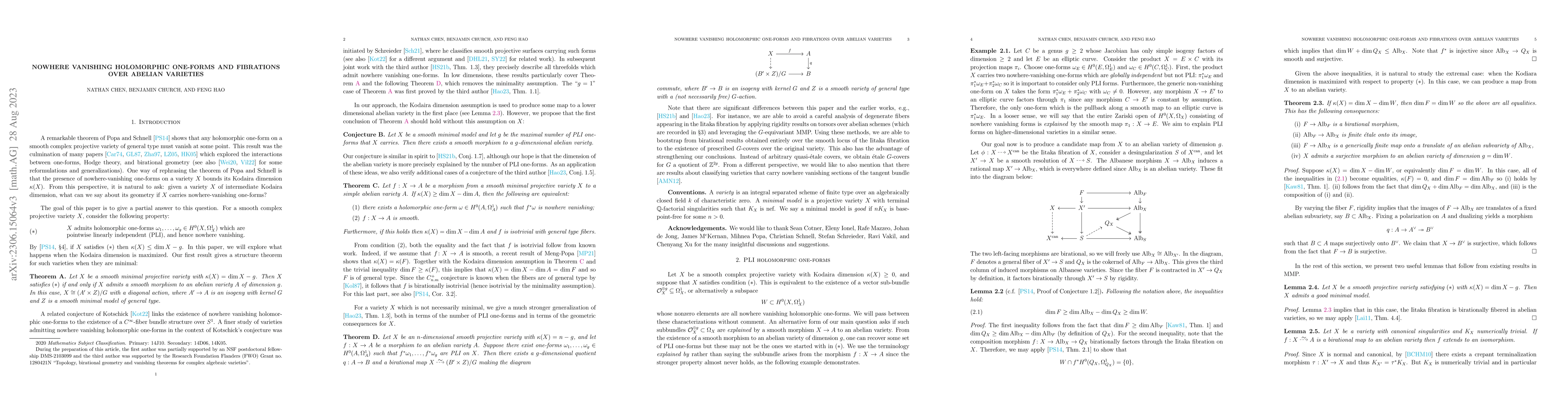 Thumbnail for Nowhere vanishing holomorphic one-forms and fibrations over abelian
  varieties