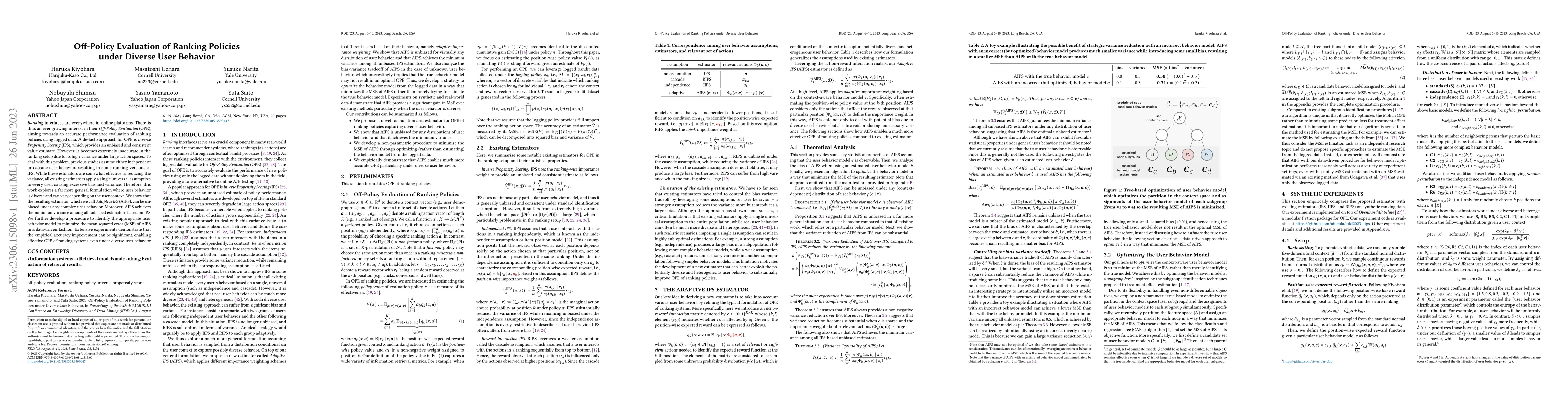 Thumbnail for Off-Policy Evaluation of Ranking Policies under Diverse User Behavior