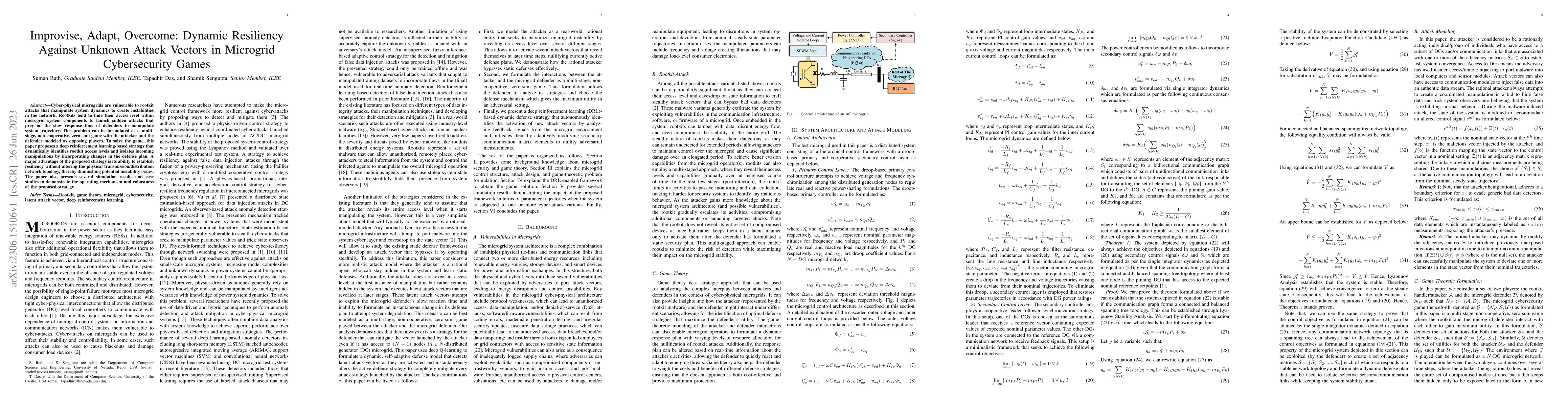 Thumbnail for Improvise, Adapt, Overcome: Dynamic Resiliency Against Unknown Attack
  Vectors in Microgrid Cybersecurity Games