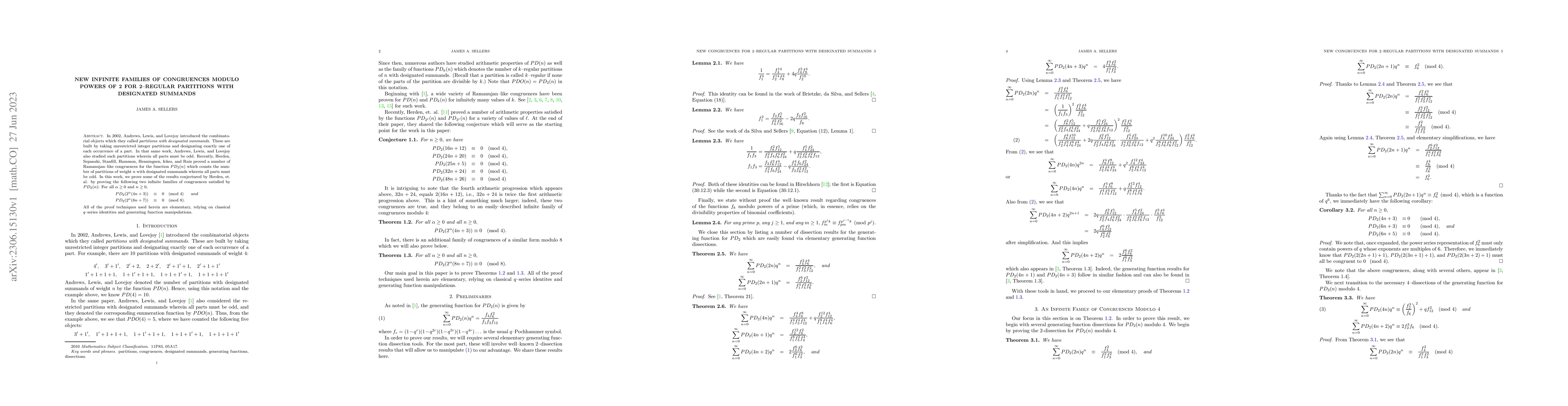 Thumbnail for New Infinite Families of Congruences Modulo Powers of 2 for 2--Regular
  Partitions with Designated Summands