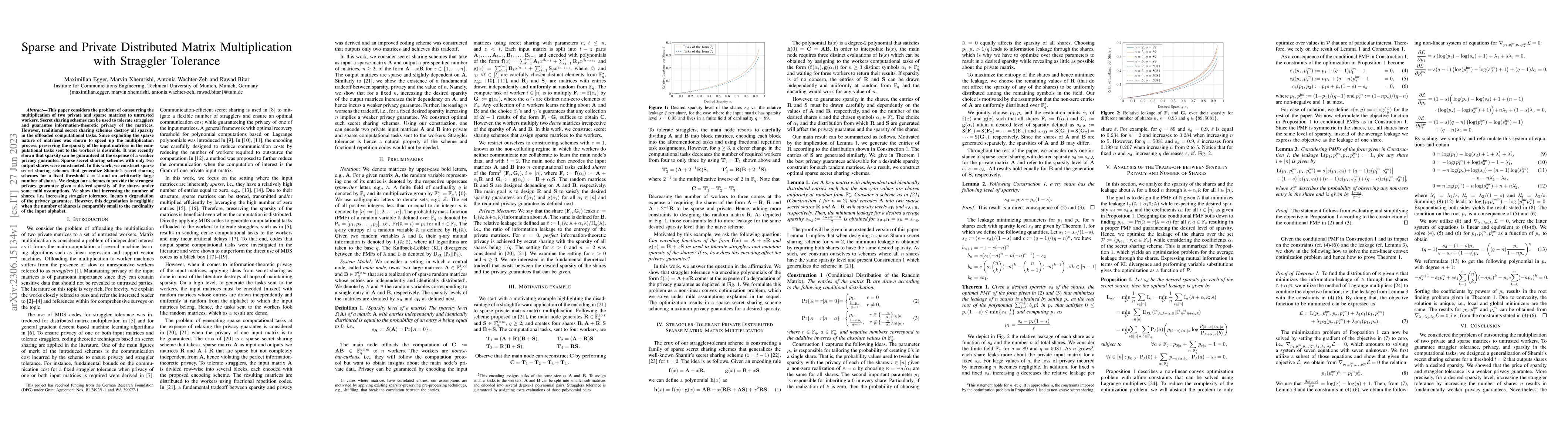 Thumbnail for Sparse and Private Distributed Matrix Multiplication with Straggler
  Tolerance