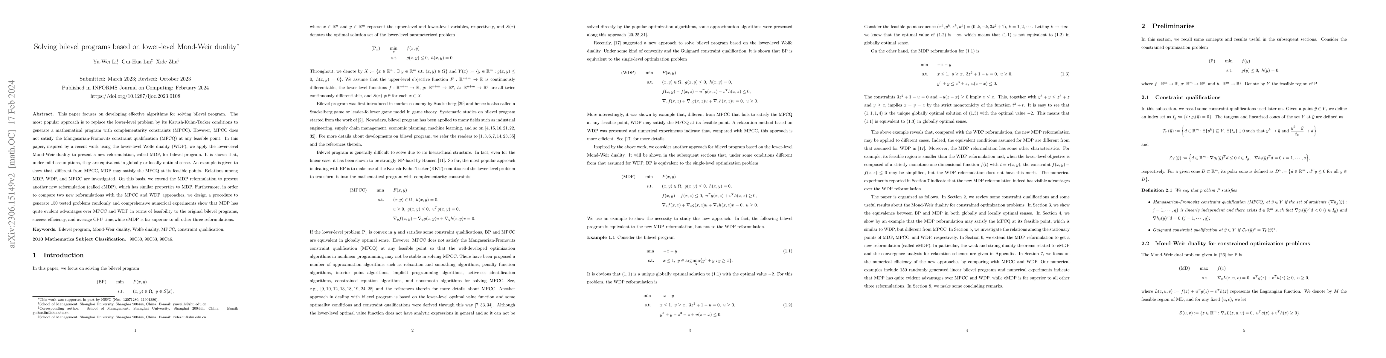 Thumbnail for Solving bilevel programs based on lower-level Mond-Weir duality