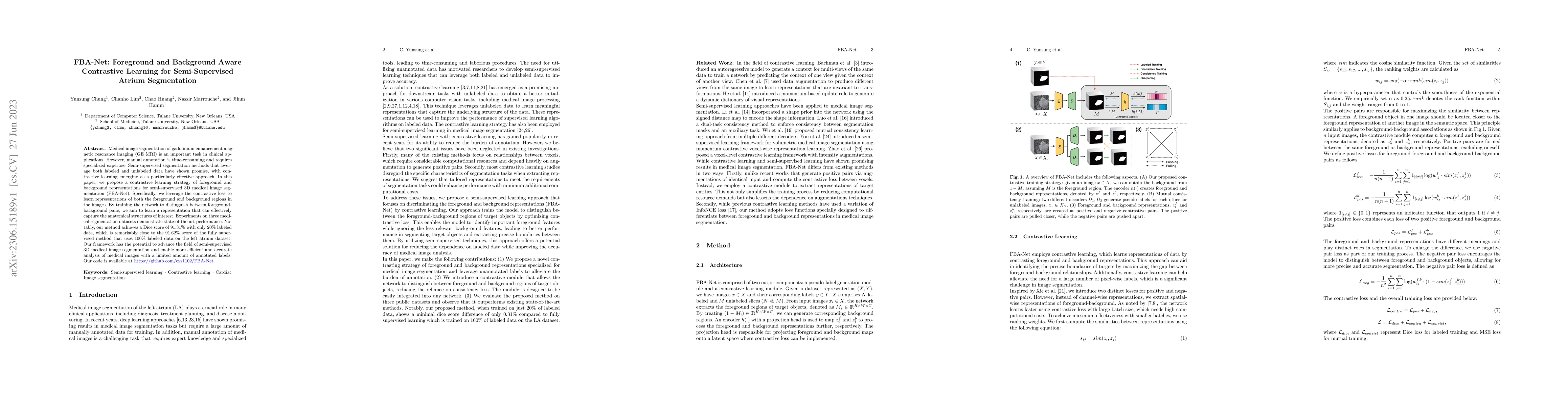 Thumbnail for FBA-Net: Foreground and Background Aware Contrastive Learning for
  Semi-Supervised Atrium Segmentation