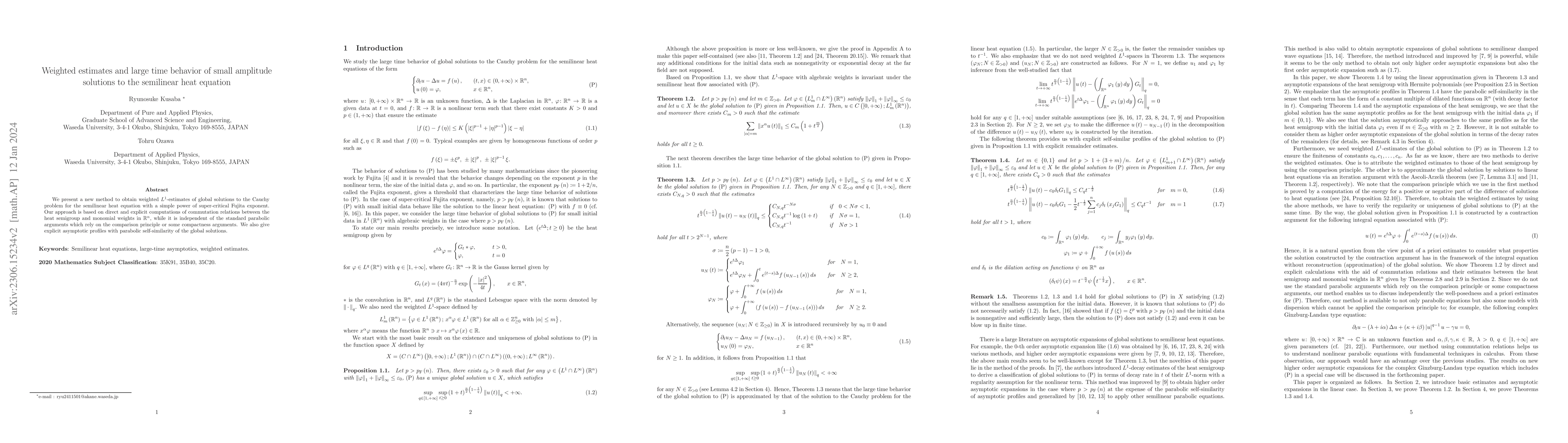 Thumbnail for Weighted estimates and large time behavior of small amplitude solutions
  to the semilinear heat equation