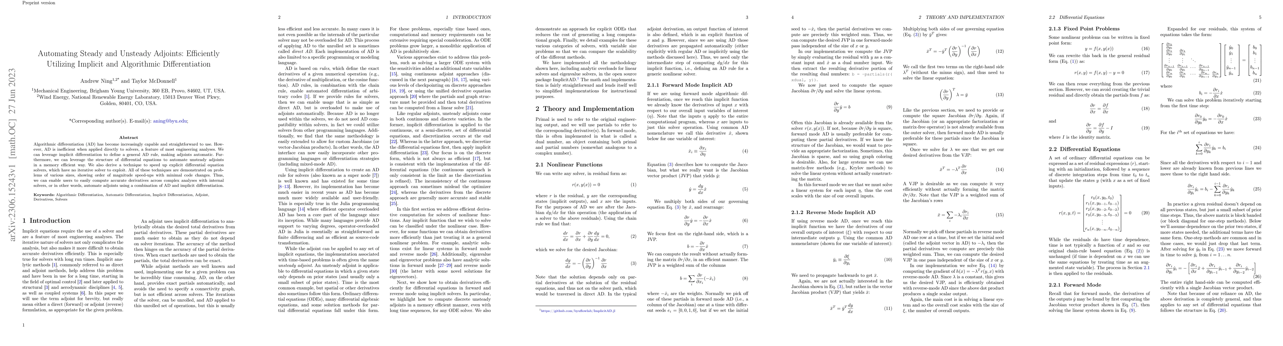 Thumbnail for Automating Steady and Unsteady Adjoints: Efficiently Utilizing Implicit
  and Algorithmic Differentiation