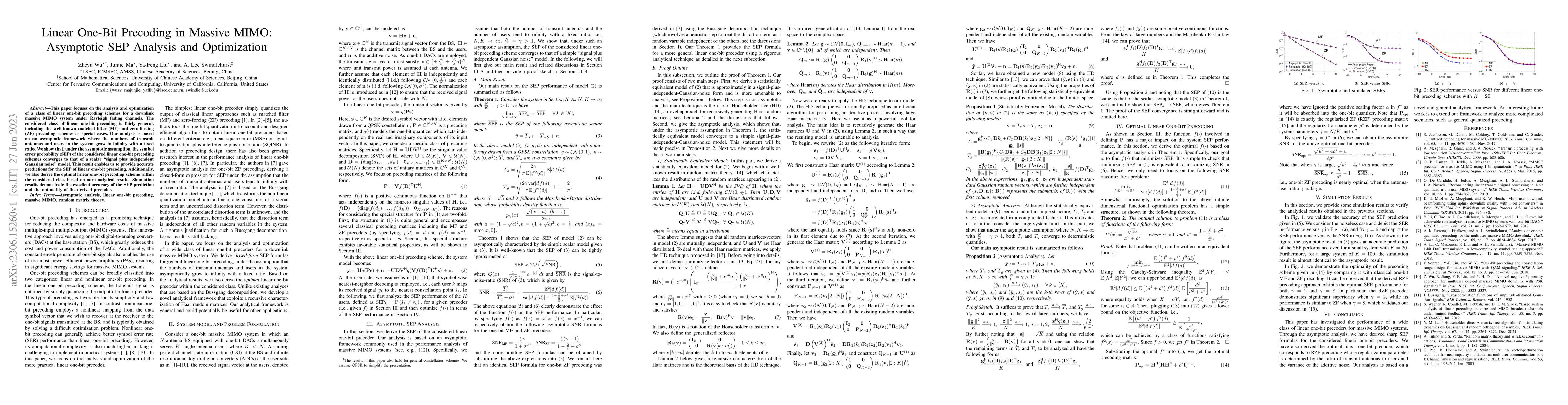 Thumbnail for Linear One-Bit Precoding in Massive MIMO: Asymptotic SEP Analysis and
  Optimization