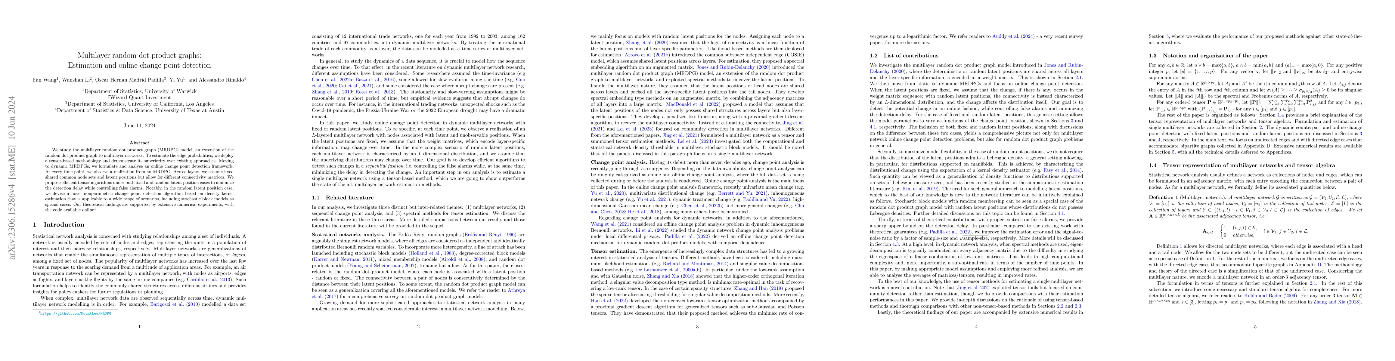 Thumbnail for Multilayer random dot product graphs: Estimation and online change point
  detection