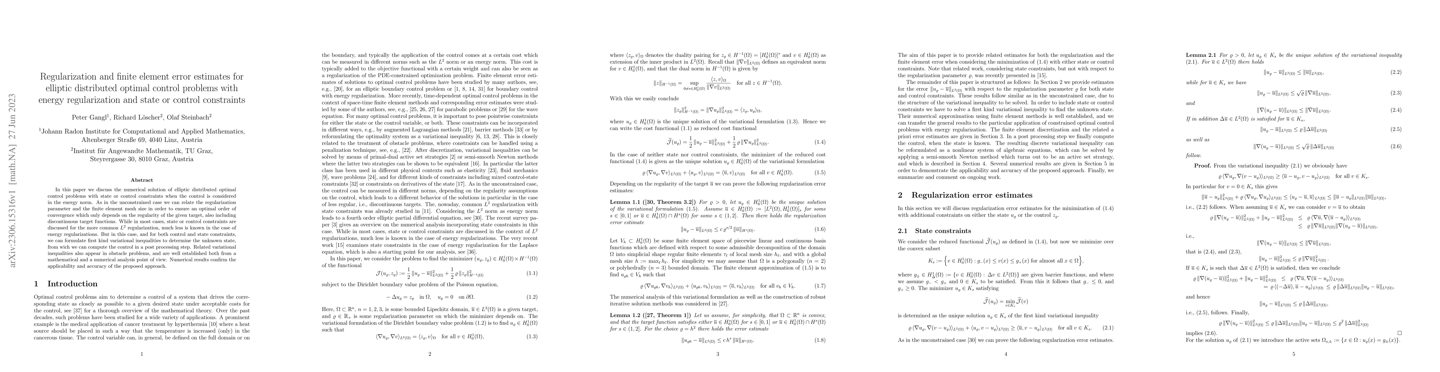 Thumbnail for Regularization and finite element error estimates for elliptic
  distributed optimal control problems with energy regularization and state or
  control constraints