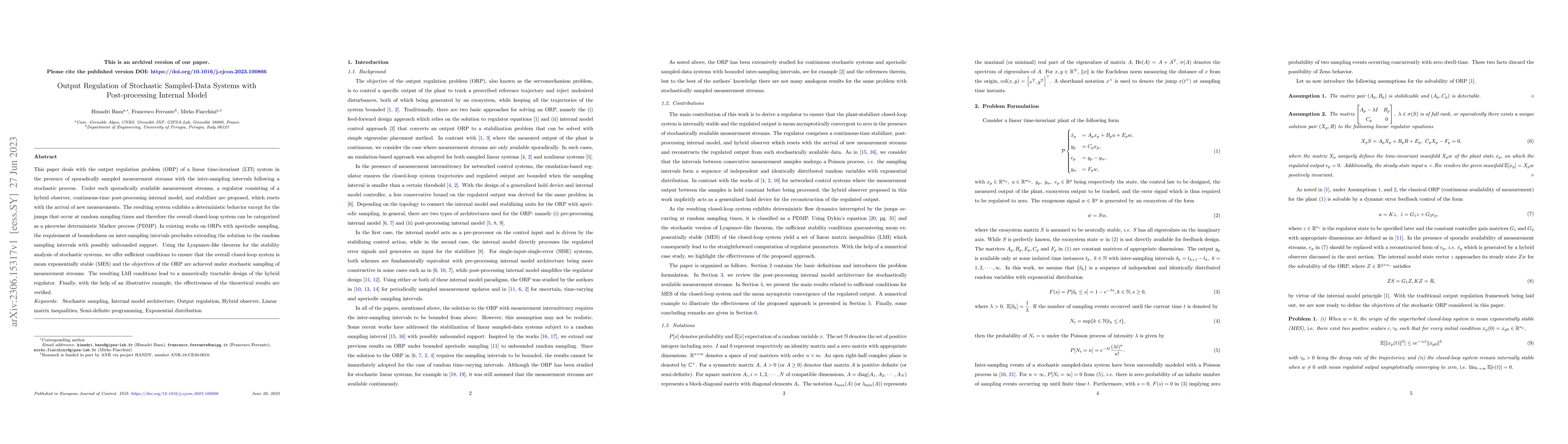 Thumbnail for Output Regulation of Stochastic Sampled-Data Systems with
  Post-processing Internal Model