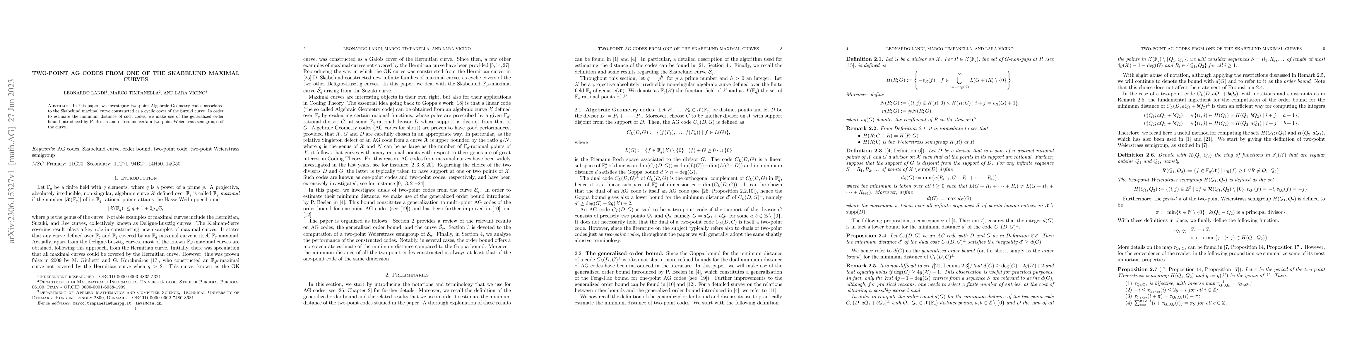 Thumbnail for Two-point AG codes from one of the Skabelund maximal curves