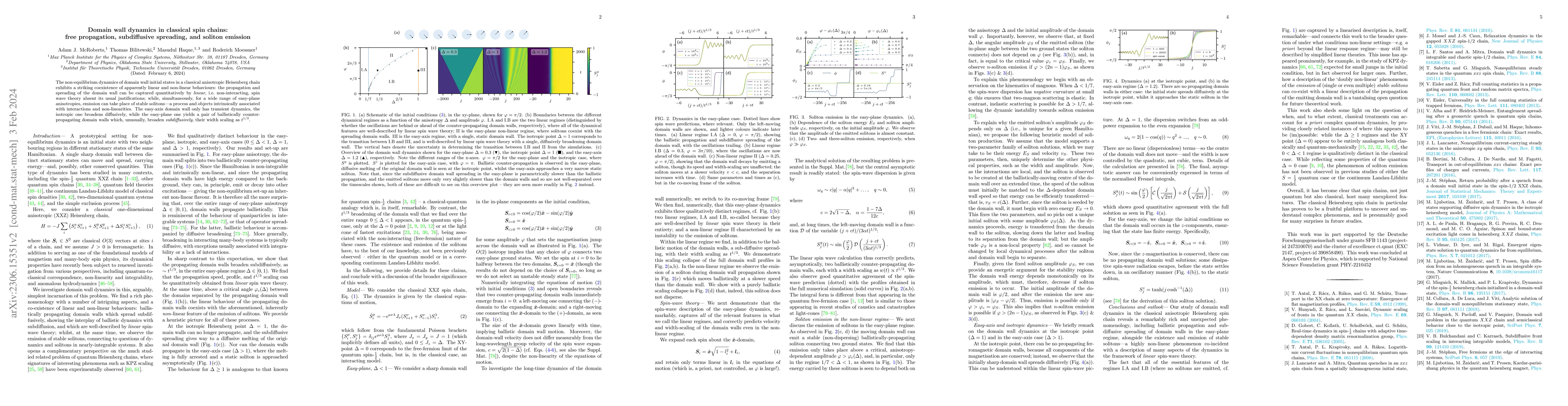 Thumbnail for Domain wall dynamics in classical spin chains: free propagation,
  subdiffusive spreading, and soliton emission