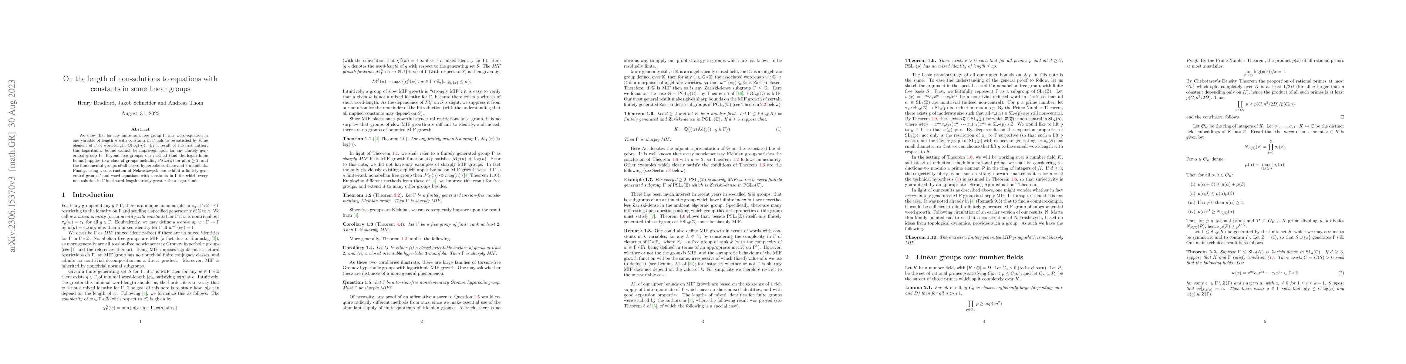 Thumbnail for On the length of non-solutions to equations with constants in some
  linear groups