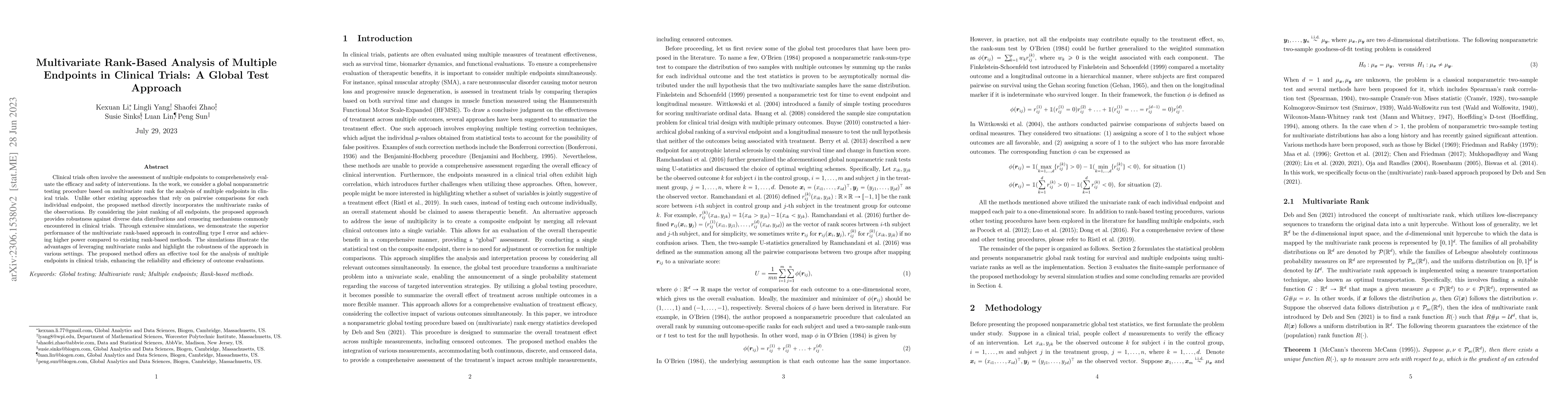 Thumbnail for Multivariate Rank-Based Analysis of Multiple Endpoints in Clinical
  Trials: A Global Test Approach
