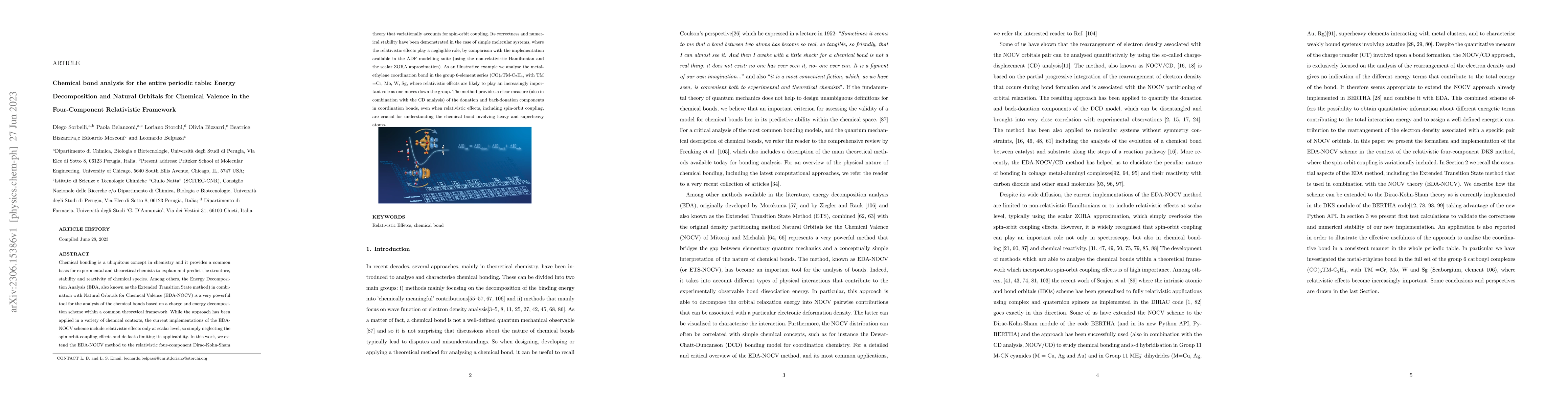 Thumbnail for Chemical bond analysis for the entire periodic table: Energy
  Decomposition and Natural Orbitals for Chemical Valence in the Four-Component
  Relativistic Framework