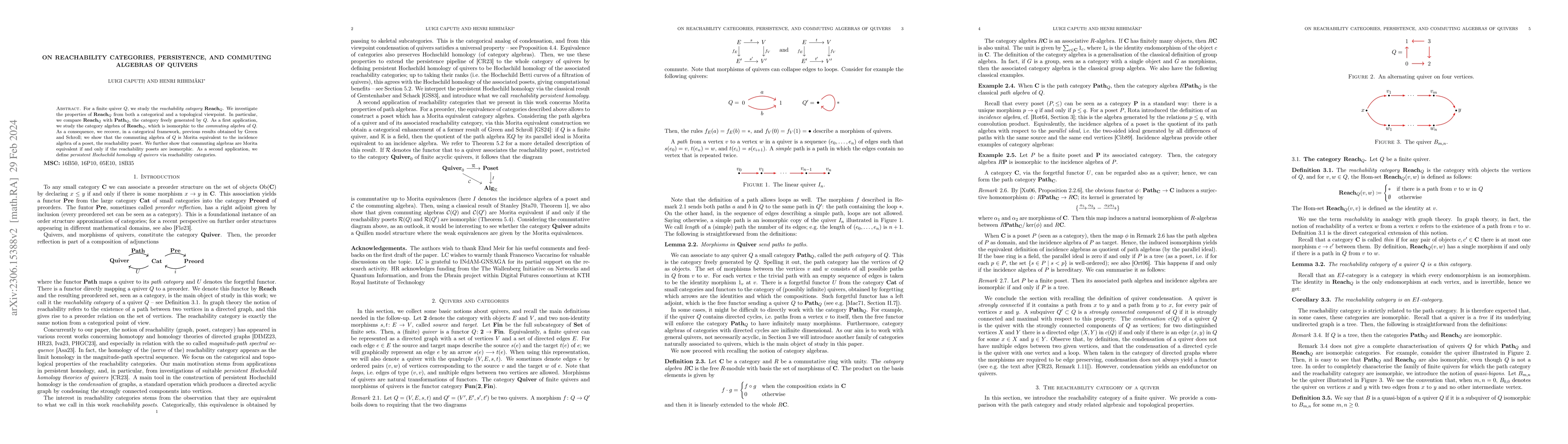 Thumbnail for On reachability categories, persistence, and commuting algebras of
  quivers