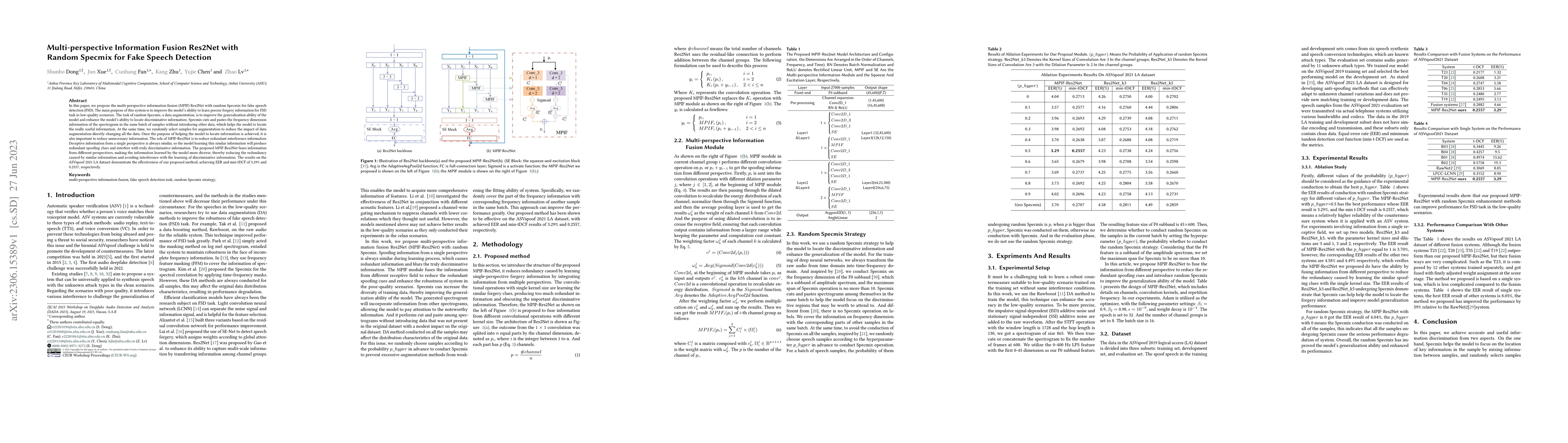 Thumbnail for Multi-perspective Information Fusion Res2Net with RandomSpecmix for Fake
  Speech Detection