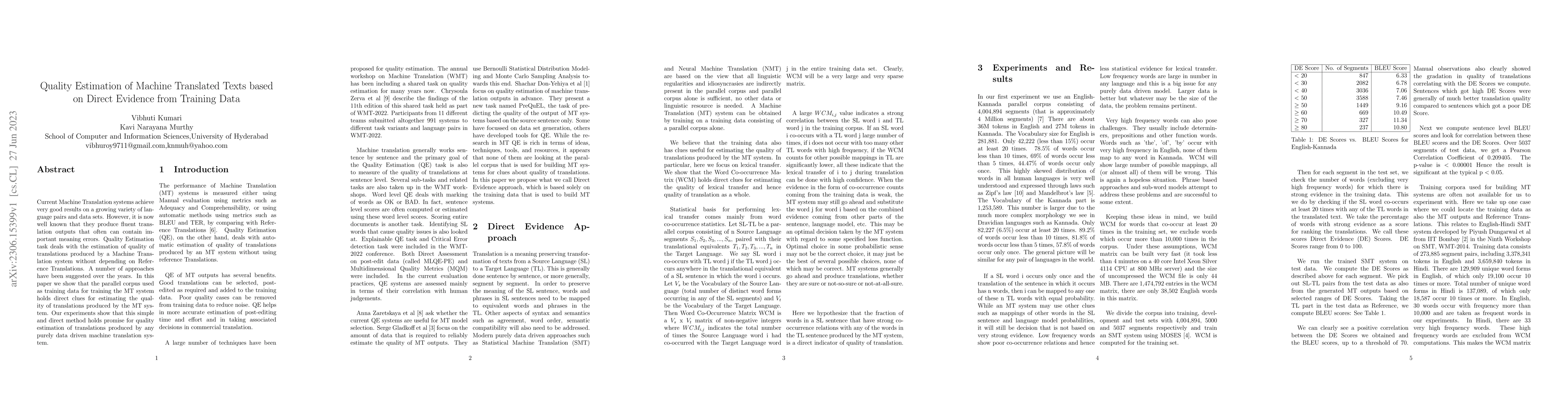 Thumbnail for Quality Estimation of Machine Translated Texts based on Direct Evidence
  from Training Data