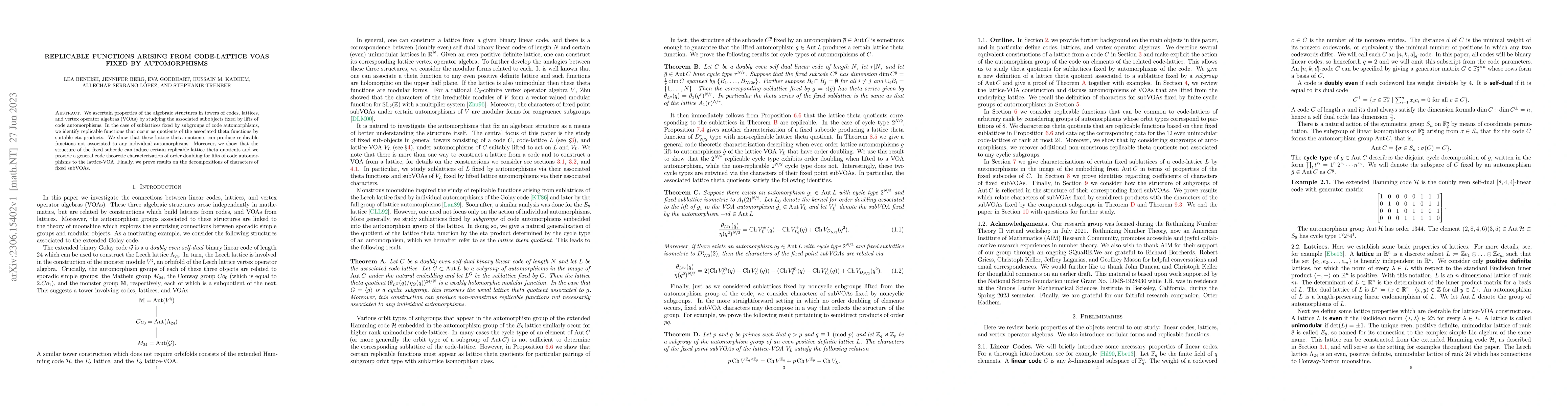 Thumbnail for Replicable functions arising from code-lattice VOAs fixed by
  automorphisms