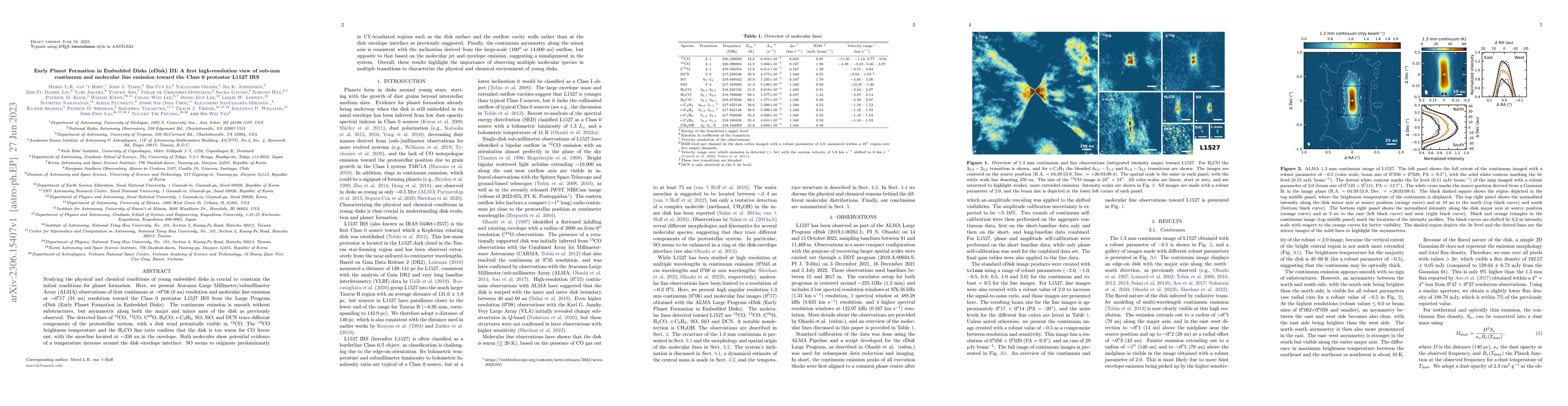 Thumbnail for Early Planet Formation in Embedded Disks (eDisk) III: A first
  high-resolution view of sub-mm continuum and molecular line emission toward
  the Class 0 protostar L1527 IRS