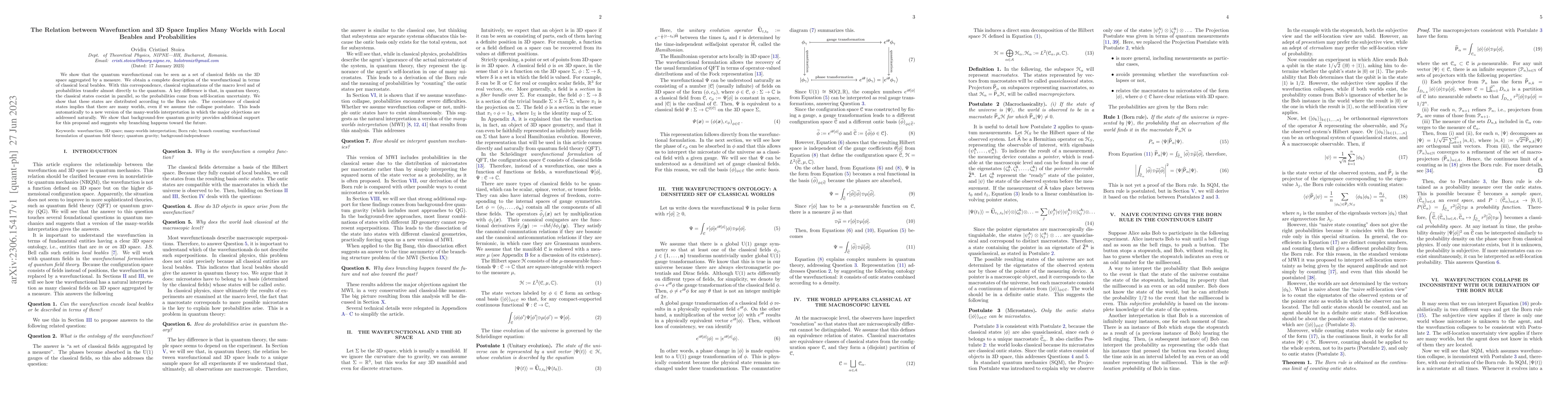 Thumbnail for The Relation between Wavefunction and 3D Space Implies Many Worlds with
  Local Beables and Probabilities