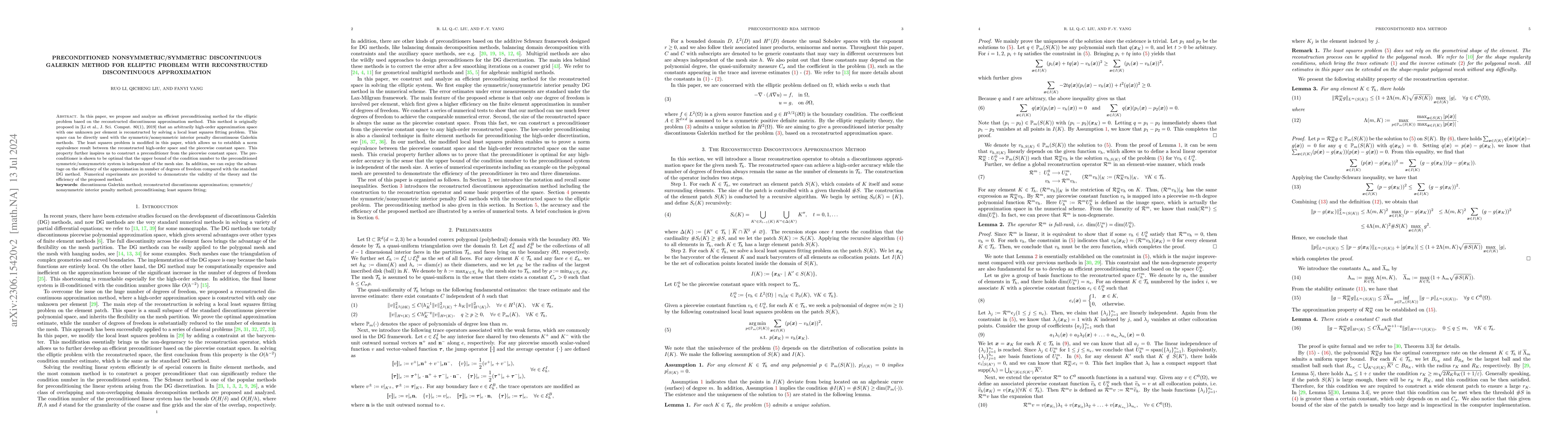Thumbnail for Preconditioned NonSymmetric/Symmetric Discontinuous Galerkin Method for
  Elliptic Problem with Reconstructed Discontinuous Approximation
