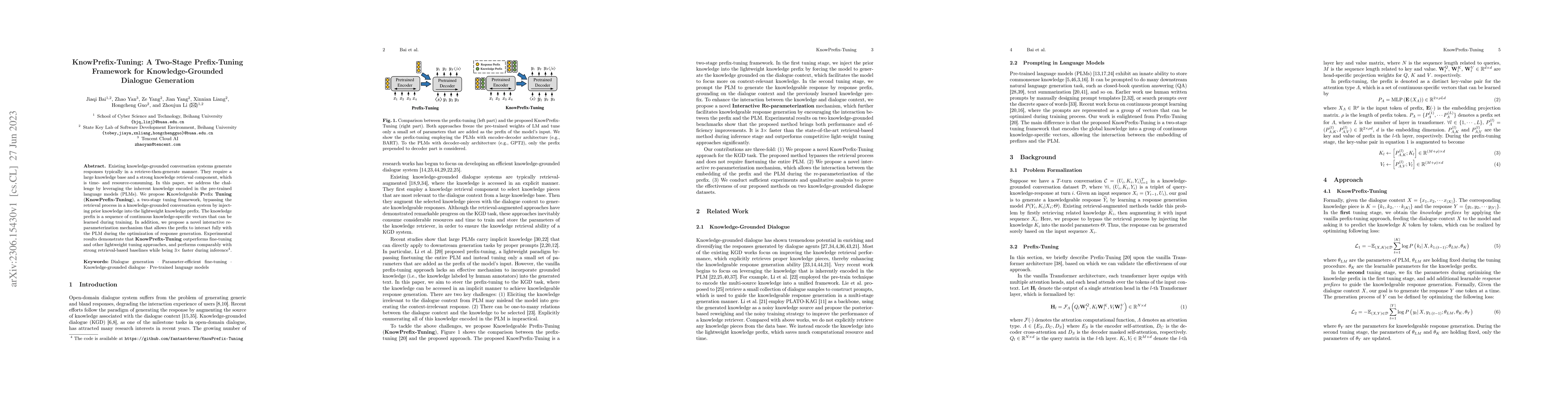 Thumbnail for KnowPrefix-Tuning: A Two-Stage Prefix-Tuning Framework for
  Knowledge-Grounded Dialogue Generation