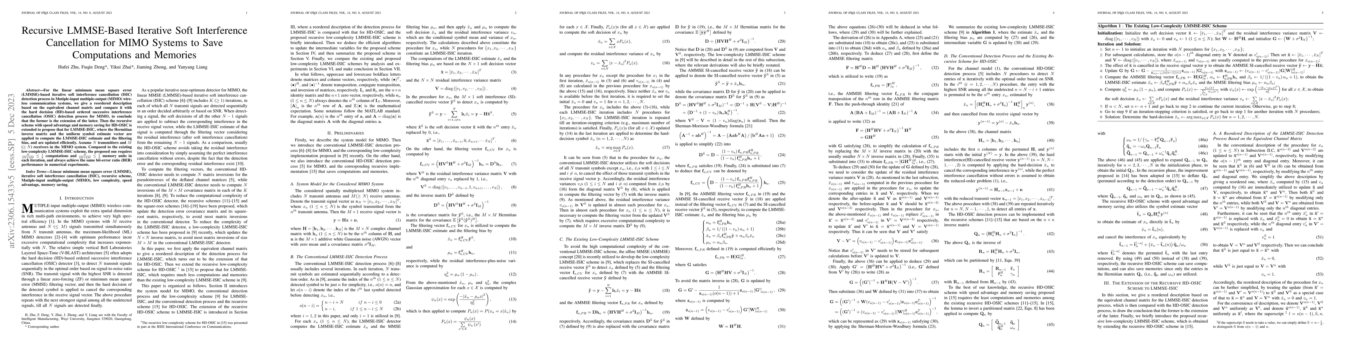 Thumbnail for Recursive LMMSE-Based Iterative Soft Interference Cancellation for MIMO
  Systems to Save Computations and Memories