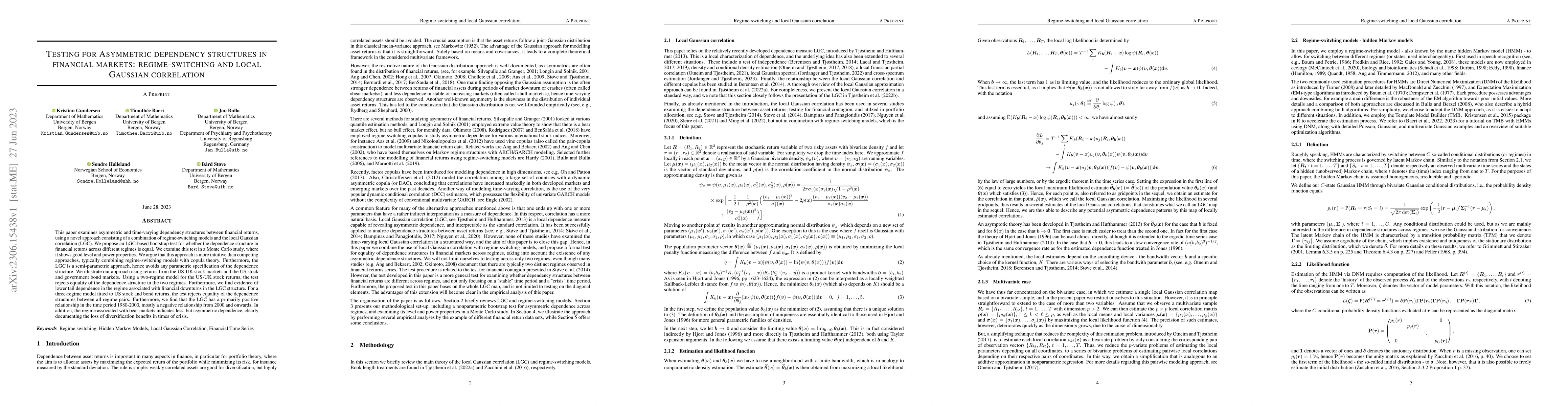 Thumbnail for Testing for asymmetric dependency structures in financial markets:
  regime-switching and local Gaussian correlation