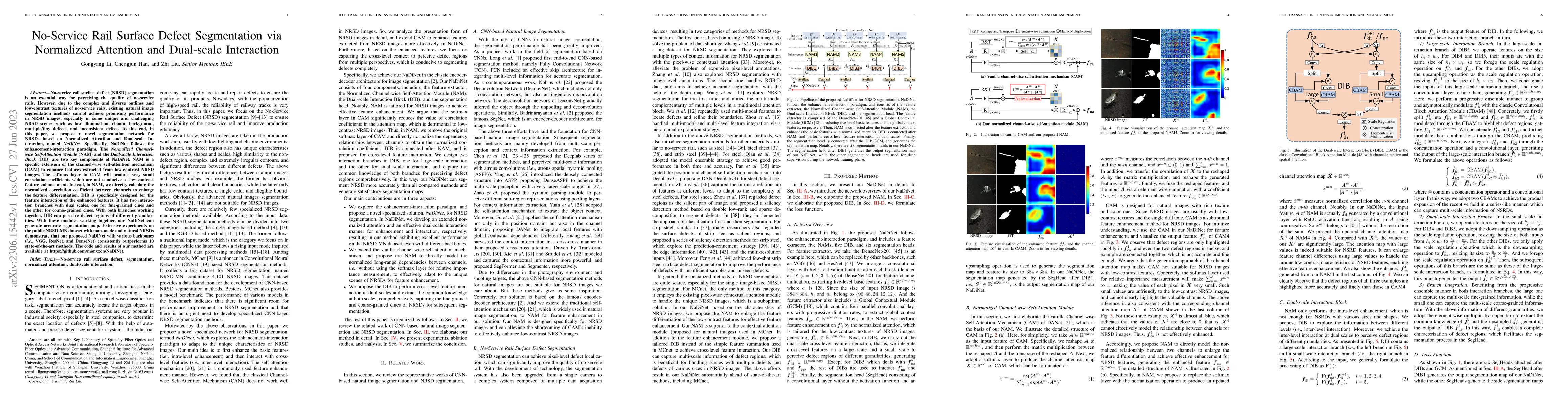 Thumbnail for No-Service Rail Surface Defect Segmentation via Normalized Attention and
  Dual-scale Interaction