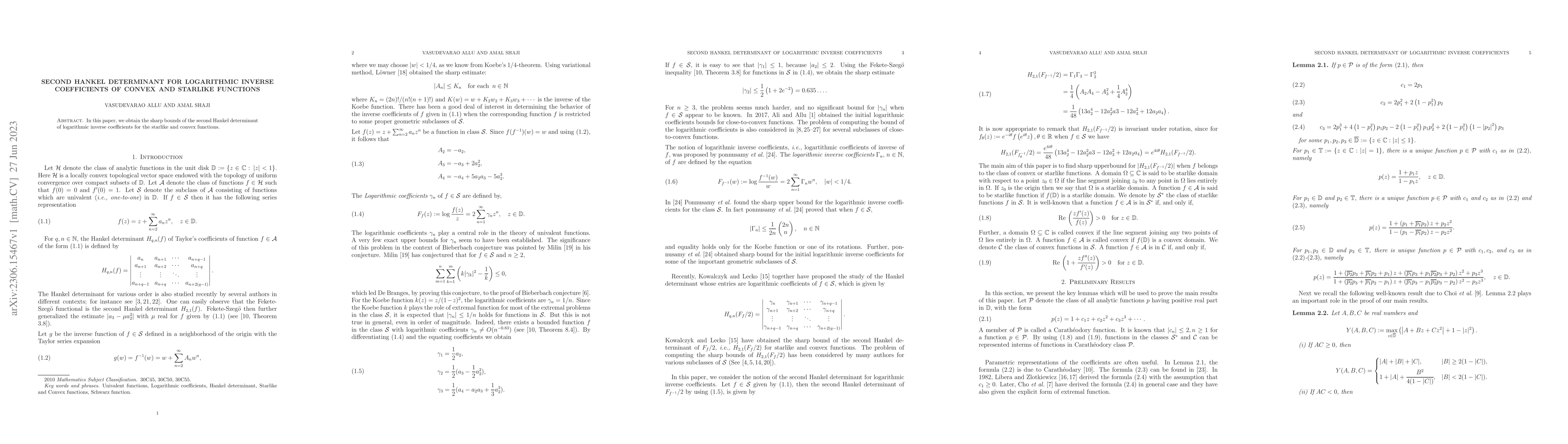 Thumbnail for Second Hankel Determinant for Logarithmic Inverse Coefficients of Convex
  and Starlike Functions