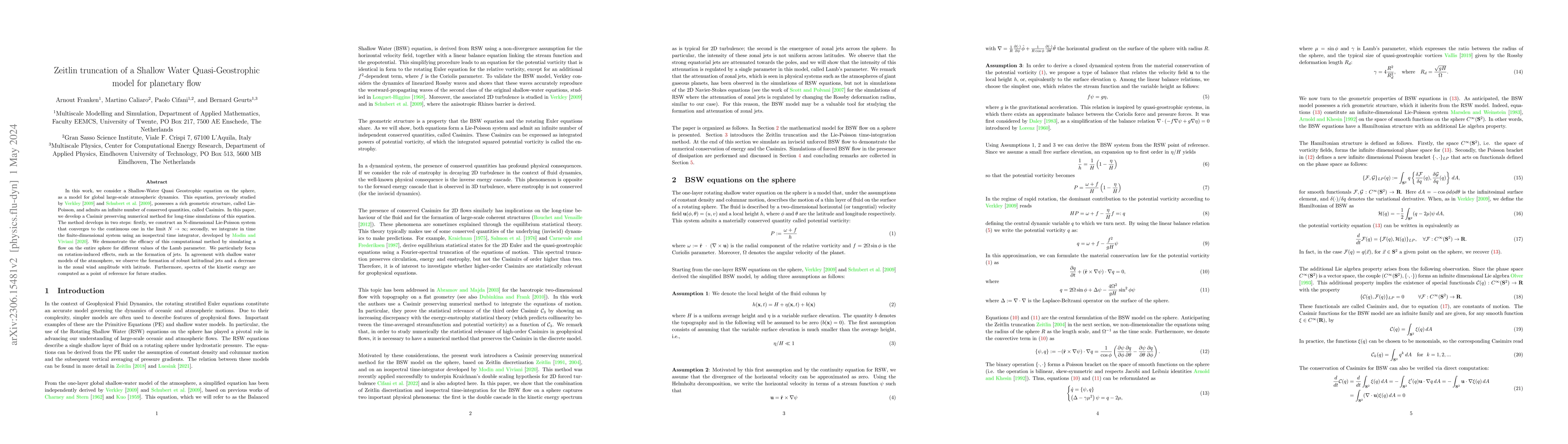 Thumbnail for Zeitlin truncation of a Shallow Water Quasi-Geostrophic model for
  planetary flow