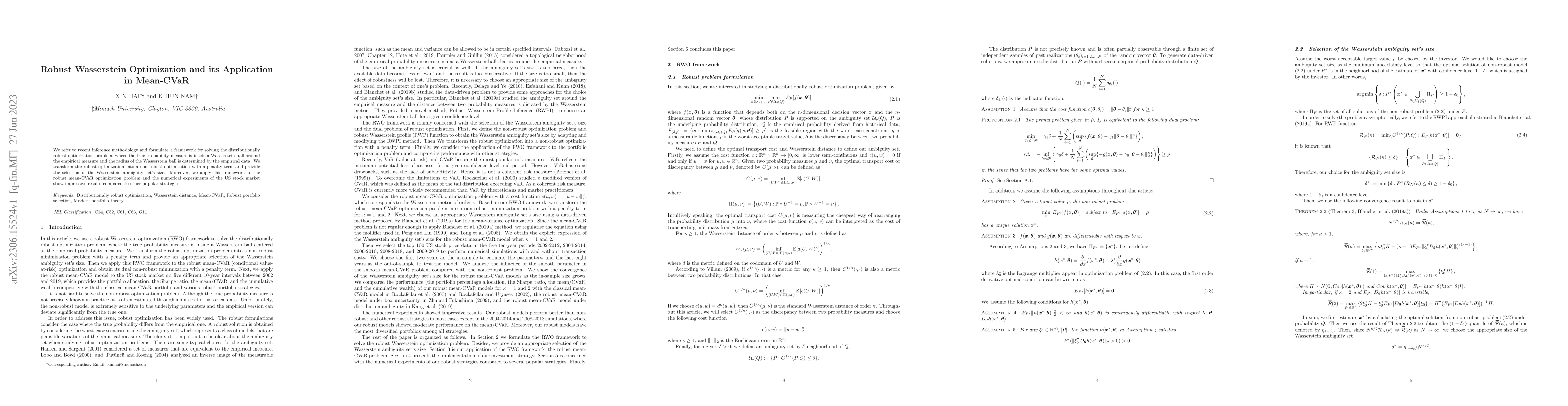 Thumbnail for Robust Wasserstein Optimization and its Application in Mean-CVaR