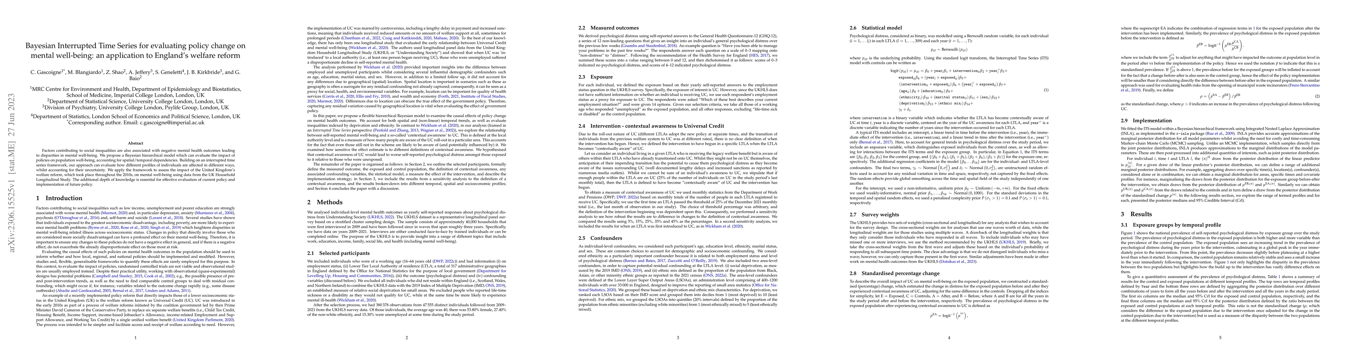 Thumbnail for Bayesian Interrupted Time Series for evaluating policy change on mental
  well-being: an application to England's welfare reform