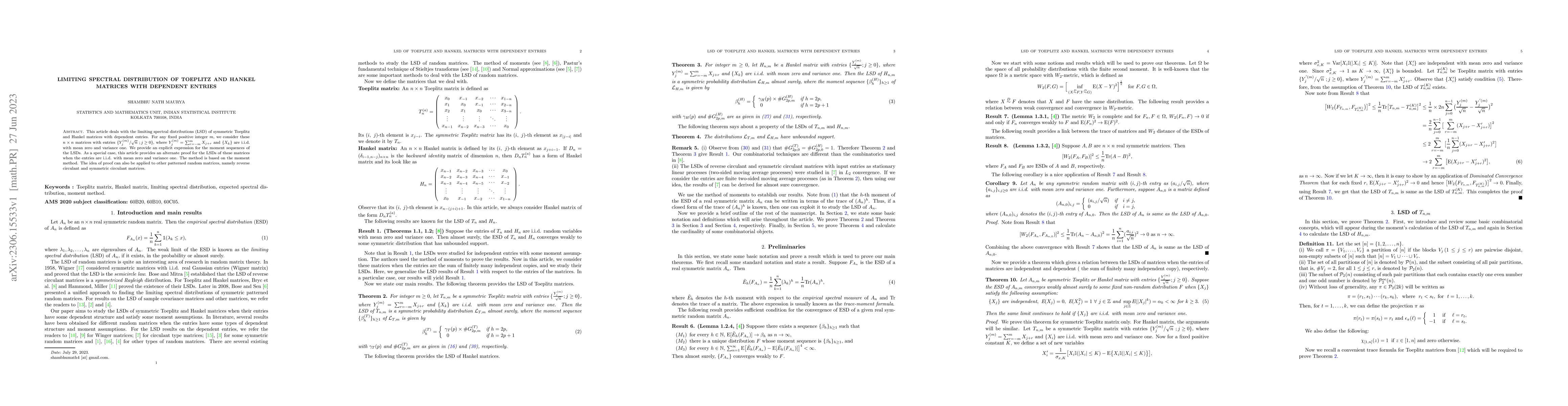 Thumbnail for Limiting spectral distribution of Toeplitz and Hankel matrices with
  dependent entries