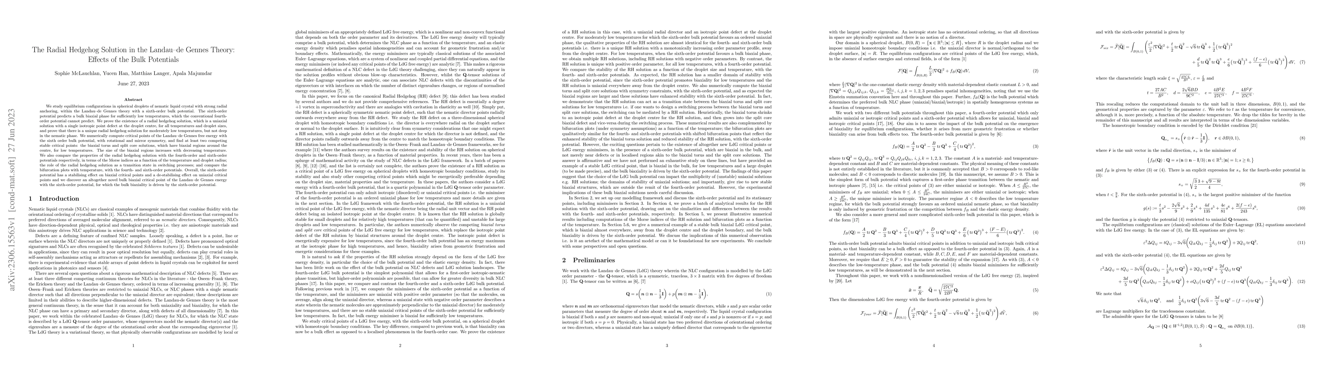 Thumbnail for The Radial Hedgehog Solution in the Landau-de Gennes Theory: Effects of
  the Bulk Potentials
