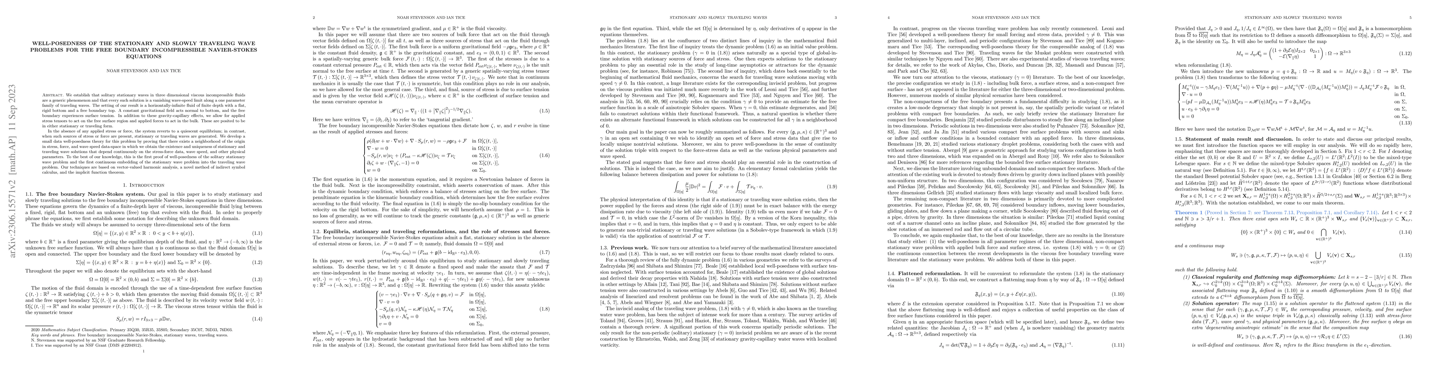 Thumbnail for Well-posedness of the stationary and slowly traveling wave problems for
  the free boundary incompressible Navier-Stokes equations