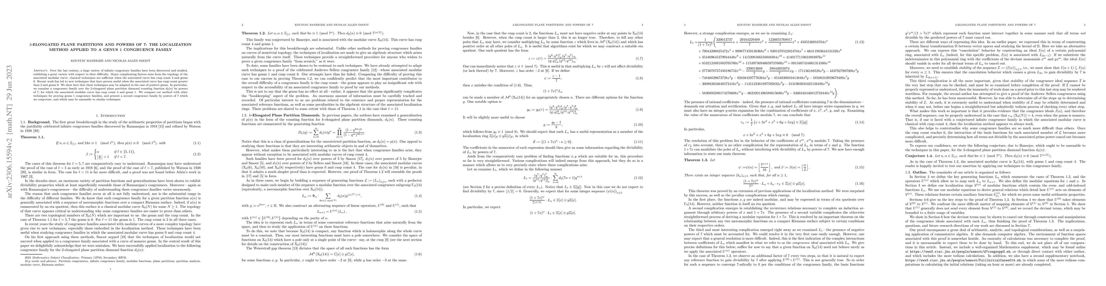 Thumbnail for 2-Elongated Plane Partitions and Powers of 7: The Localization Method
  Applied to a Genus 1 Congruence Family