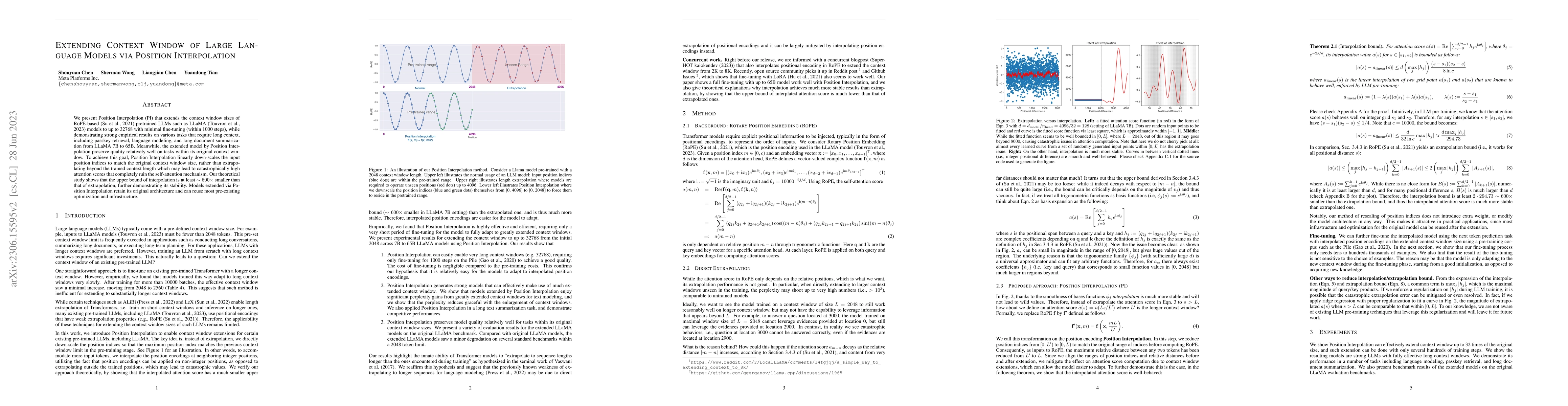 Thumbnail for Extending Context Window of Large Language Models via Positional
  Interpolation