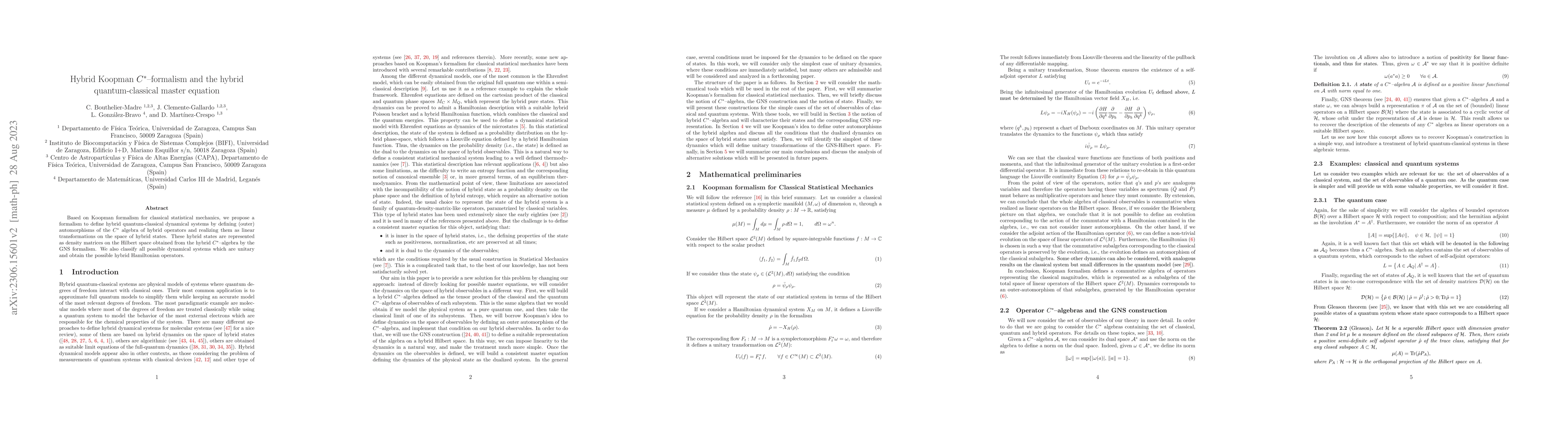 Thumbnail for Hybrid Koopman C*-formalism and the hybrid quantum-classical master
  equation