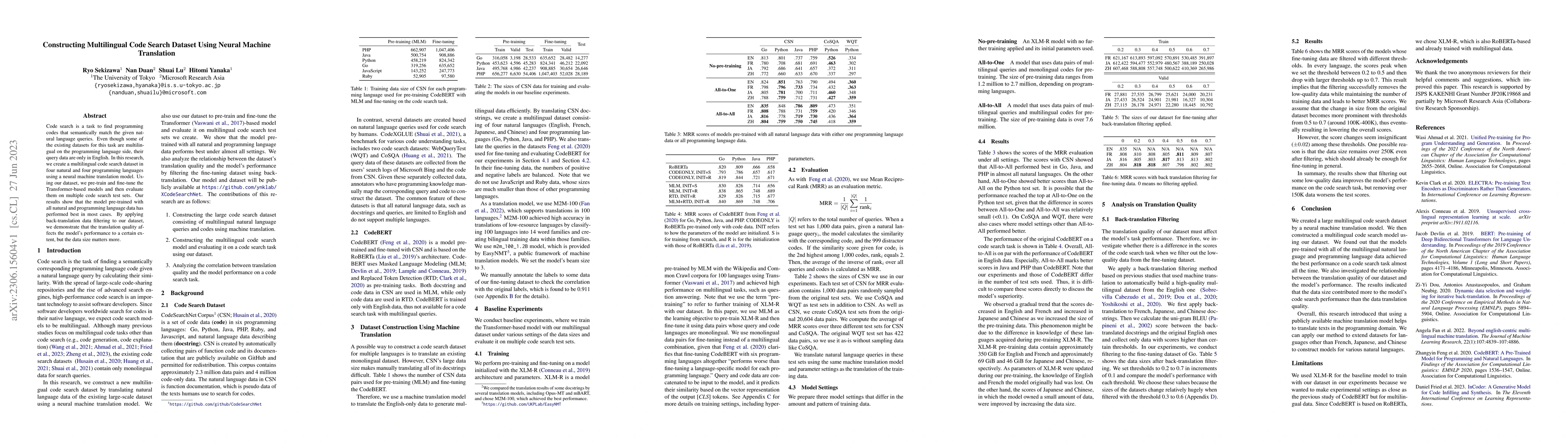 Thumbnail for Constructing Multilingual Code Search Dataset Using Neural Machine
  Translation