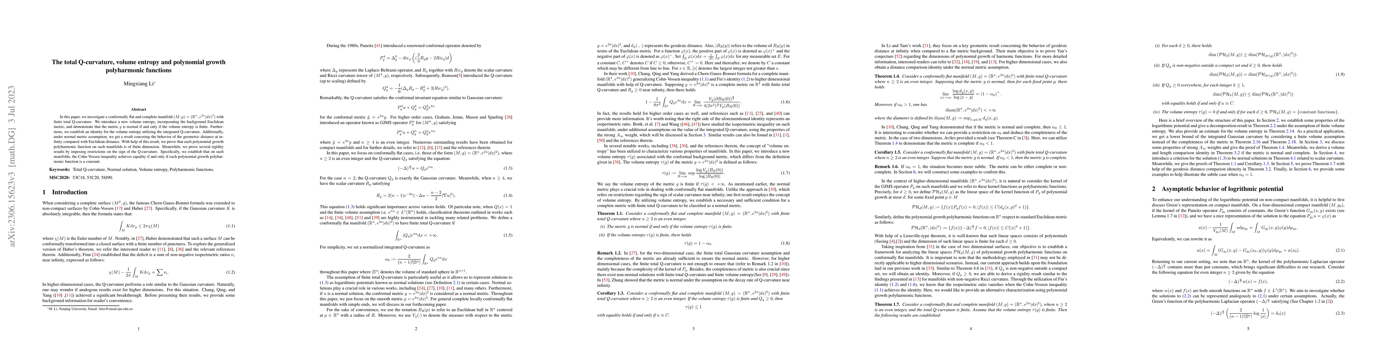 Thumbnail for The total Q-curvature, volume entropy and polynomial growth polyharmonic
  functions