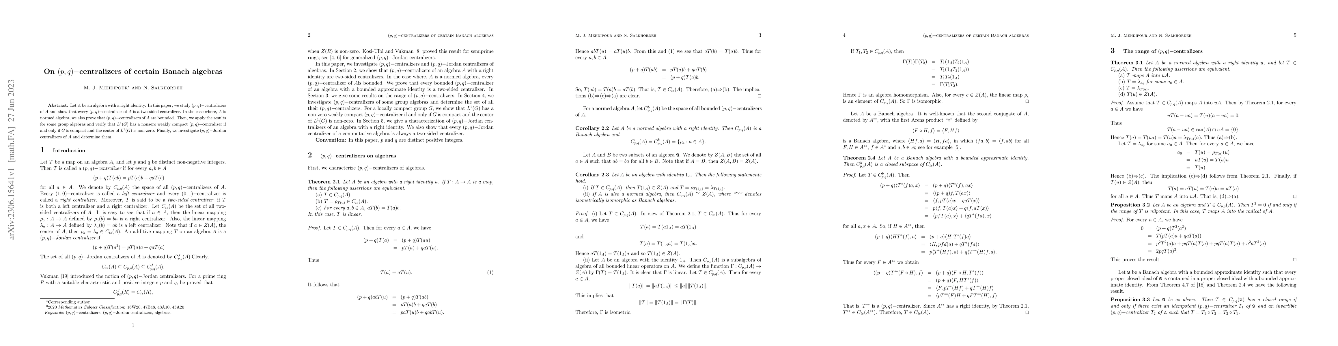 Thumbnail for On $(p, q)-$centralizers of certain Banach algebras