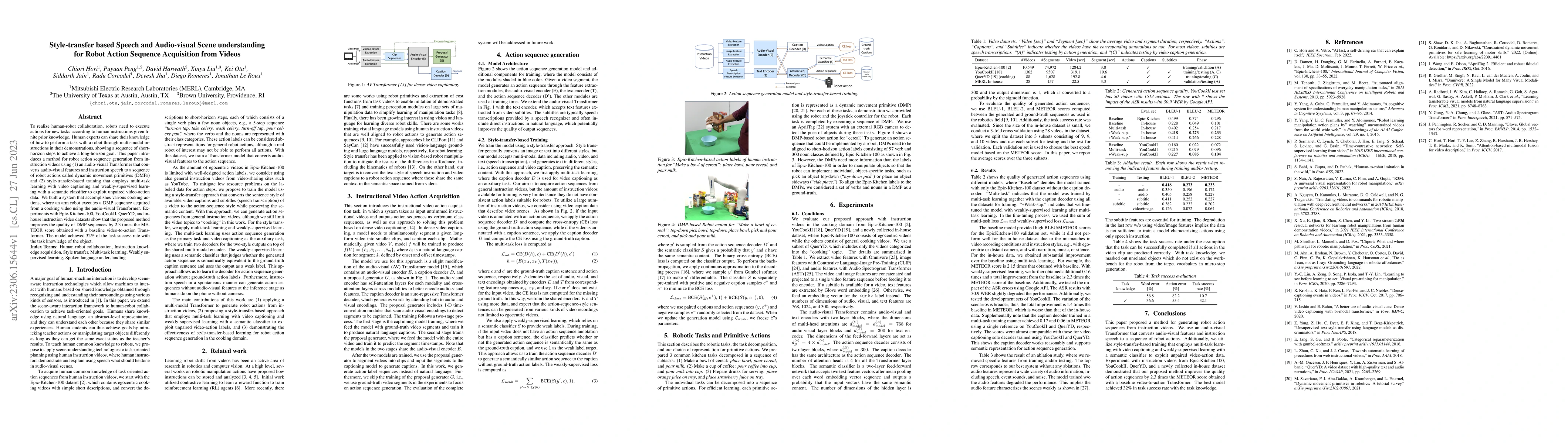 Thumbnail for Style-transfer based Speech and Audio-visual Scene Understanding for
  Robot Action Sequence Acquisition from Videos