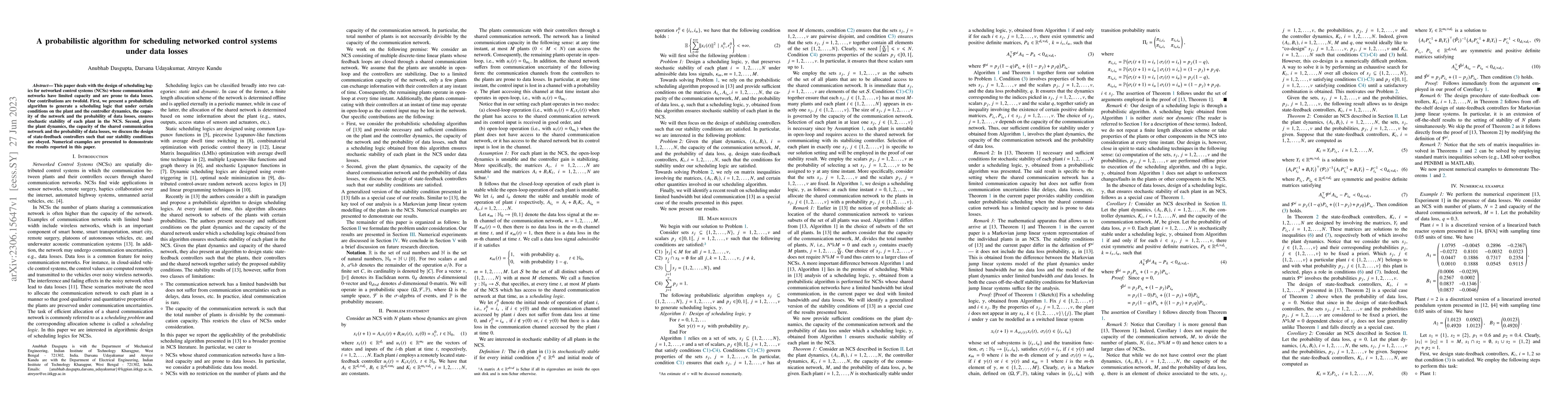Thumbnail for A probabilistic algorithm for scheduling networked control systems under
  data losses